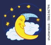 Moon sleeping on a cloud with stars in the night sky. Vector illustration Cute cartoon moon.