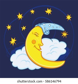 Moon sleeping on a cloud with stars in the night sky. Vector illustration Cute cartoon moon.
