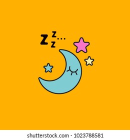 Moon sleeping in sky with sound of z. Icon good night, restful sleep. Logo of insomnia cure. Cartoon moon snoring. Vector illustration