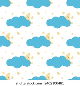 Moon sleeps in clouds and stars seamless pattern