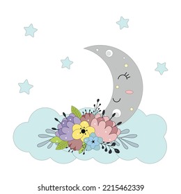 The moon sleeps in clouds surrounded by stars and flowers.