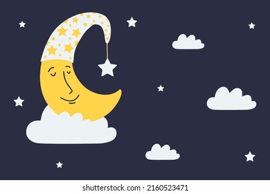 Сrescent moon sleeps on a cloud. Cartoon night sky, clouds and stars background. Vector illustration.