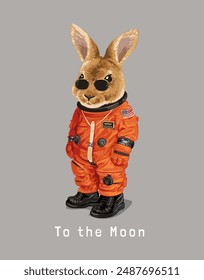 to the moon slogan with bunny in orange space suit uniform vector illustration