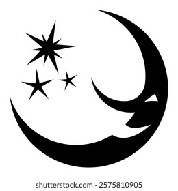 Moon with smile and stars. Vector illustration isolated on white background.