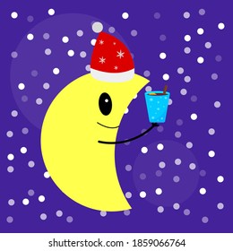 moon smiling cartoon character in santa hat holding glass of mulled wine on night sky background christmas and new year concept