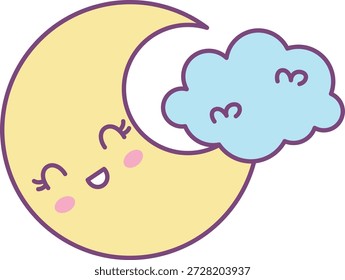 Mond mit lächelndem Gesicht kuschelt eine flauschige Wolke, kühne Umrisse und abgerundete Formen. Symbol des Schlafes, der Ruhe, der Baumschulnacht und des süßen Traums. Cartoon, Vektorgrafik.