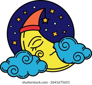 A moon smiling face with stars