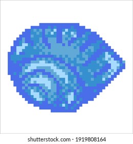 Moon snail shell pixel art blue icon. Retro gaming scallop, clam or mussel shell vector illustration. 8 bit sea blue Moon snail swirling shell on white background. 