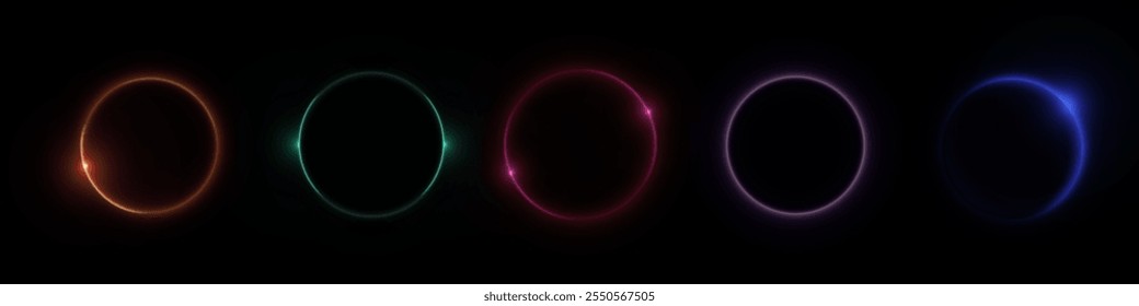 Círculos de la luna o del eclipse solar fijados aislados en fondo negro. Vector ilustración realista de marcos redondos de color neón que brillan y brillan en el espacio oscuro, líneas de borde del planeta, bordes mágicos del juego