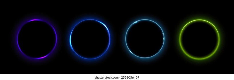 Círculos de la luna o del eclipse solar fijados aislados en fondo negro. Vector ilustración realista de marcos redondos de color neón que brillan y brillan en el espacio oscuro, líneas de borde del planeta, bordes mágicos del juego