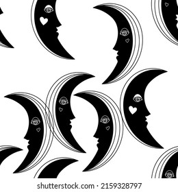 Luna. Dibujo espacial sin fisuras.  Perfecto para plantillas de diseño, papel pintado, envoltura, tela y textil. Ilustración vectorial en blanco y negro.