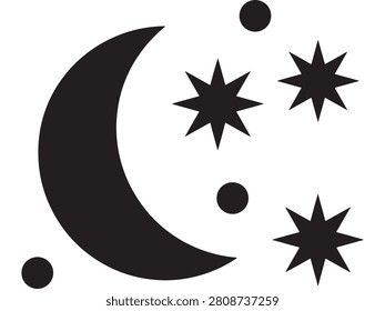 Moon with Sparkles Icon, Black Simple Celestial Symbol on White Background for Magic, Wonder and Night Theme Design