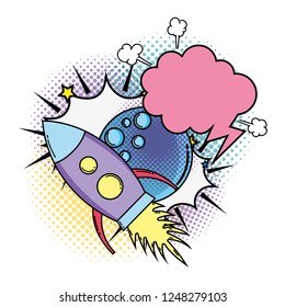 moon with speech bubble and rocket pop art