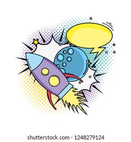 moon with speech bubble and rocket pop art