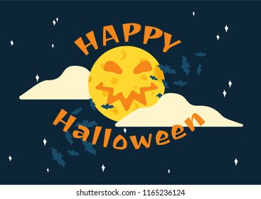 moon with spooky face on with happy halloween text on dark sky with colony of bats, vector illustrator in flat style