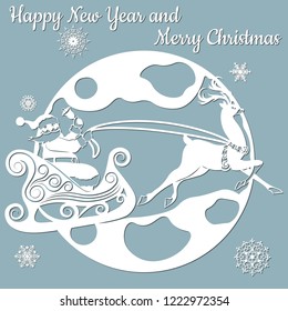 moon, spruce, wood, sleigh, reindeer. Vector. Plotter cutting. Cliche. The image with the inscription - merry Christmas. For laser cutting, plotter and silkscreen printing.