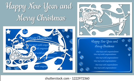 moon, spruce, wood, sleigh, reindeer. Vector. Plotter cutting. Cliche. The image with the inscription - merry Christmas. For laser cutting, plotter and silkscreen printing.