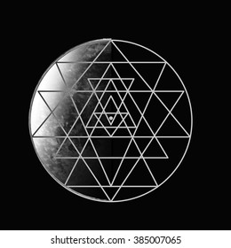 Moon. Sri Yantra - symbol of Hindu tantra formed by nine interlocking triangles that radiate out from the central point. Sacred geometry. Abstract vector illustration.