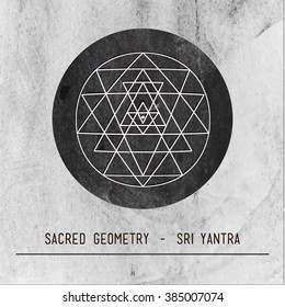 Moon. Sri Yantra - symbol of Hindu tantra formed by nine interlocking triangles that radiate out from the central point. Sacred geometry. Vintage grey paper background.