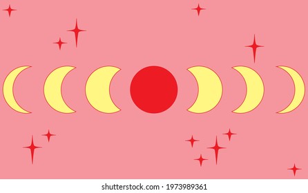 Moon stages with star flat design vector illustration. Celestial magical 2D cartoon Japanese anime style hand-drawn drawing. Aesthetic style background. Starry night with full moon. Fantasy nightsky.