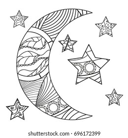 Moon and star with abstract patterns on isolation background. Design for spiritual relaxation for adults. Line art. Black and white illustration for anti stress colouring page. Print for t-shirts