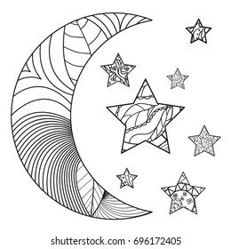 Moon and star with abstract patterns on isolation background. Design for spiritual relaxation for adults. Line art. Black and white illustration for anti stress colouring page. Print for t-shirts