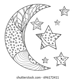 Moon and star with abstract patterns on isolation background. Design for spiritual relaxation for adults. Line art. Black and white illustration for anti stress colouring page. Print for t-shirts