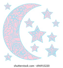 Moon and star with abstract patterns on isolation background. Zen art. Design for spiritual relaxation for adults. Line art creation. Print for polygraphy, t-shirts and textiles. Zentangle