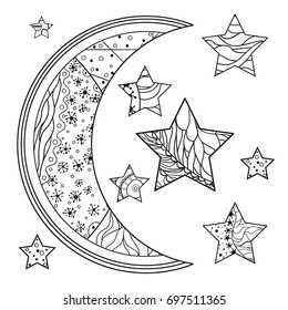 Moon and star with abstract patterns on isolation background. Design for spiritual relaxation for adults. Line art creation. Black and white illustration for anti stress colouring page. Print t-shirts