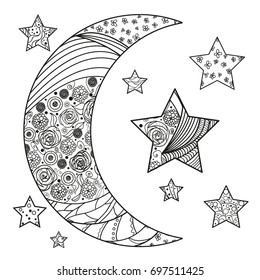 Moon and star with abstract patterns on isolation background. Design for spiritual relaxation for adults. Line art creation. Black and white illustration for anti stress colouring page. Print t-shirts