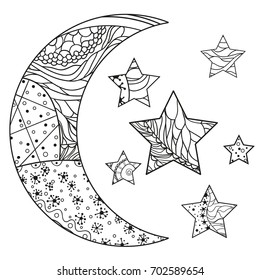 Moon and star with abstract patterns on isolation background. Design for spiritual relaxation for adults. Line art creation. Black and white illustration for anti stress colouring page. Print t-shirts