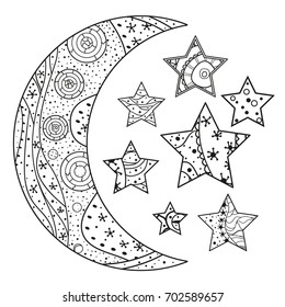 Moon and star with abstract patterns on isolation background. Design for spiritual relaxation for adults. Line art creation. Black and white illustration for anti stress colouring page. Print t-shirts