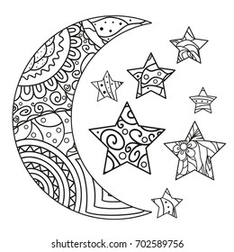 Moon and star with abstract patterns on isolation background. Design for spiritual relaxation for adults. Line art creation. Black and white illustration for anti stress colouring page. Print t-shirts