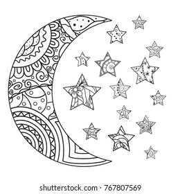 Moon and star with abstract patterns on isolation background. Design for spiritual relaxation for adults. Line art creation. Black and white illustration for anti stress colouring page. Print t-shirts