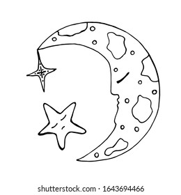 La luna y la estrella. La imagen del dibujo. Elementos vectoriales aislados. Esquema negro sobre fondo blanco.