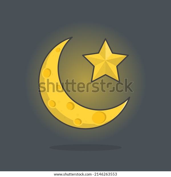 Moon And Star Cartoon Vector Illustration. Moon\
With Star Flat Icon\
Outline