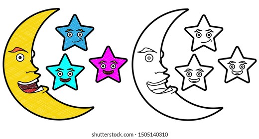 moon star character design vector with texture. black and white colors