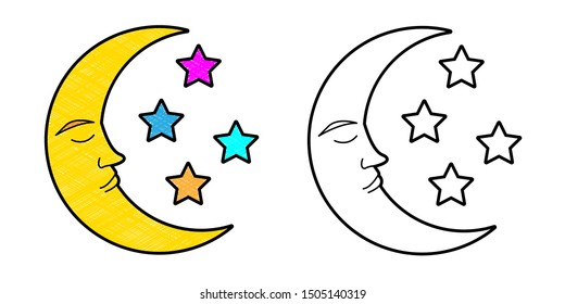 moon star character design vector with texture. black and white colors