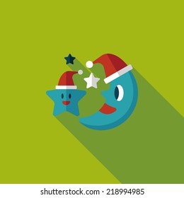 moon and star with Christmas hat flat icon with long shadow, eps10
