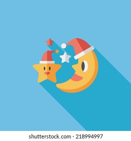 moon and star with Christmas hat flat icon with long shadow, eps10