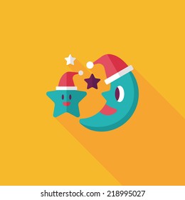 moon and star with Christmas hat flat icon with long shadow, eps10