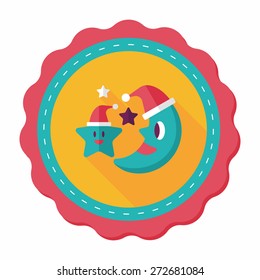 moon and star with Christmas hat flat icon with long shadow, eps10