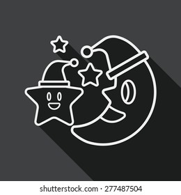 moon and star with Christmas hat flat icon with long shadow, eps, line icon