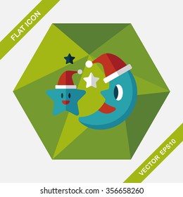 moon and star with Christmas hat flat icon with long shadow, eps10
