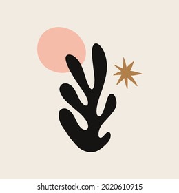 Forma de círculo lunar y estrella y afiche de decoración casera abstracta de planta moderna.