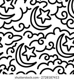 Moon and star with cloud doodle seamless pattern. Islamic hand drawn illustration for sticker, postcard, wallpaper, mural, fabric, prints, etc