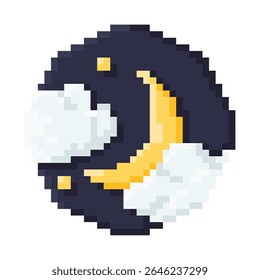 Moon and star with cloud icon. Pixel 8 bit style