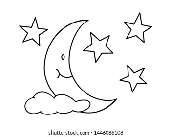 Moon with star and cloud. Outline vector illustration isolated on white background. Coloring book page for children.