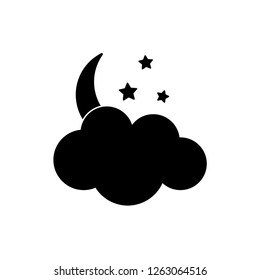 Moon with star and cloud weather silhouette icon. Flat vector illustration. Black symbol isolated on white background for print or web.