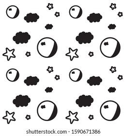 Moon, Star and clouds pattern Background - seamless. Black and white texture.